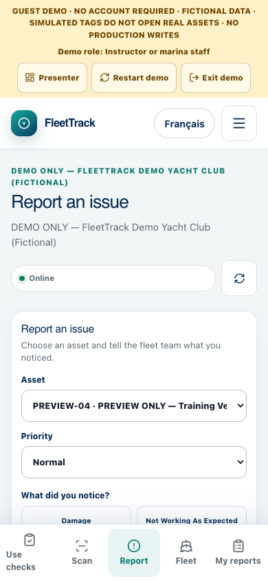 Actual FleetTrack issue report on a mobile viewport, using a fictional instructor role
